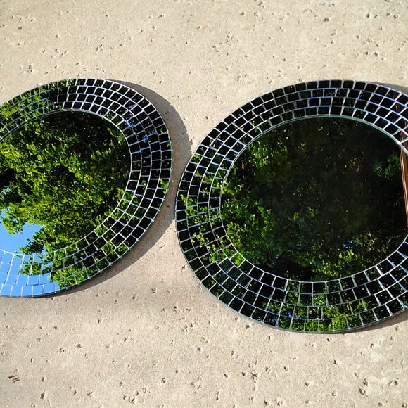 A Fabulous Pair (2) of Vintage Pop art Ikea Tranby Round Mosaic Wall Mirrors - Picture 7 of 9